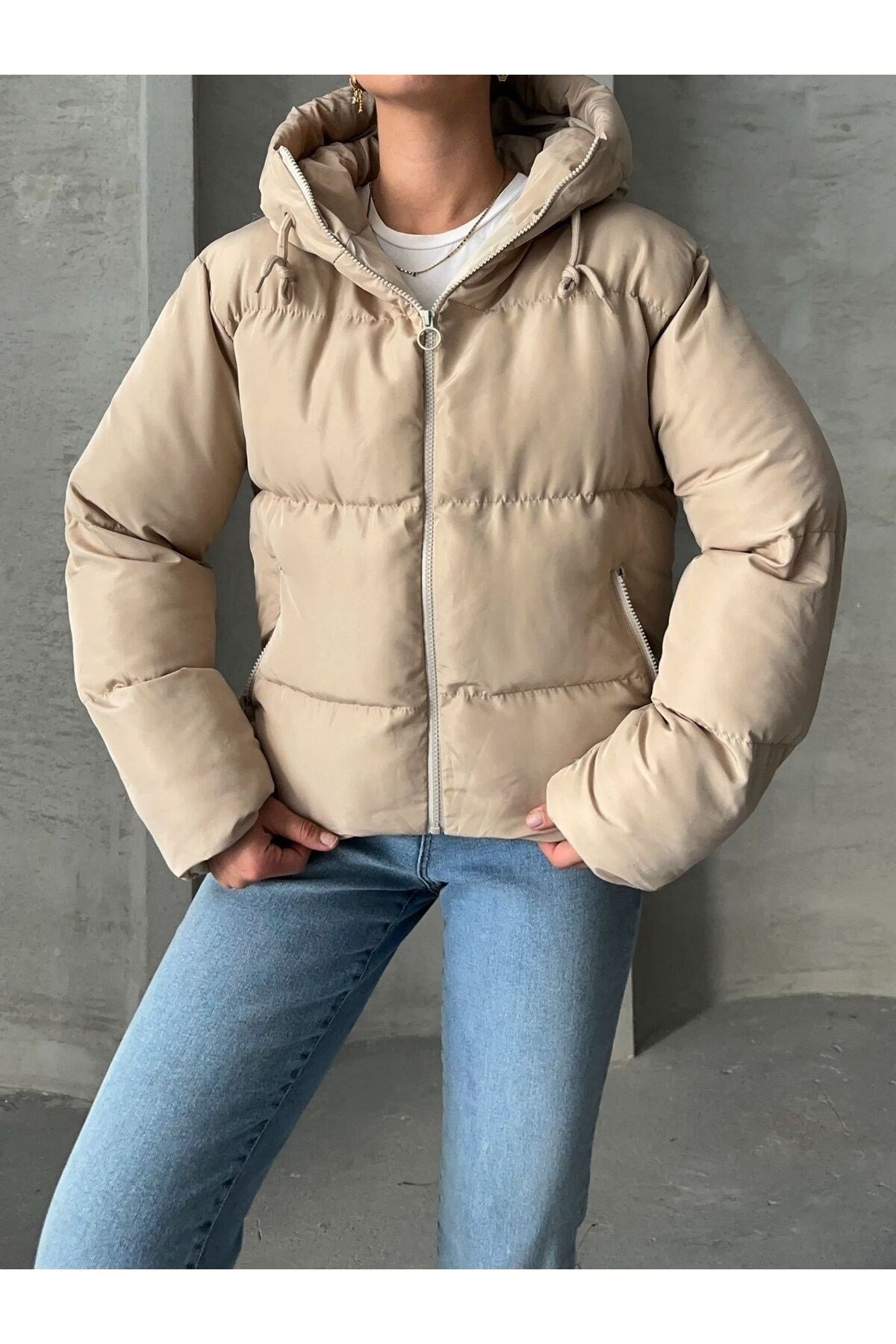 KADIN KREM KAPÜŞONLU MONT