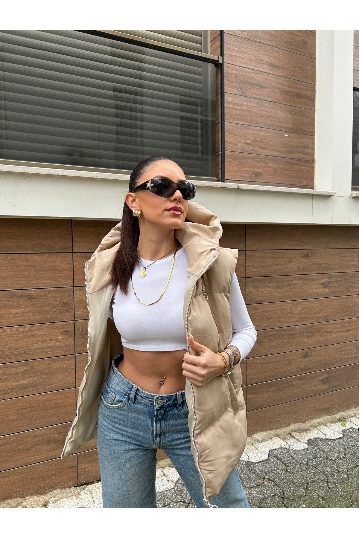 Kadın Krem Oversize Şişme Yelek