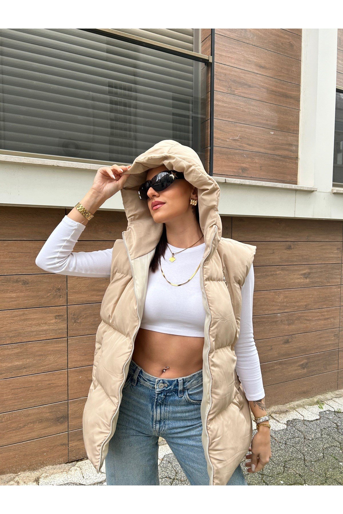 Kadın Krem Oversize Şişme Yelek