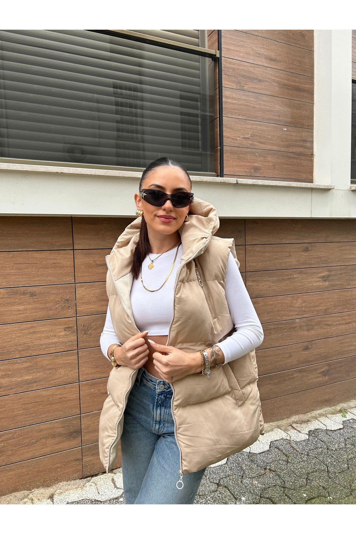 Kadın Krem Oversize Şişme Yelek
