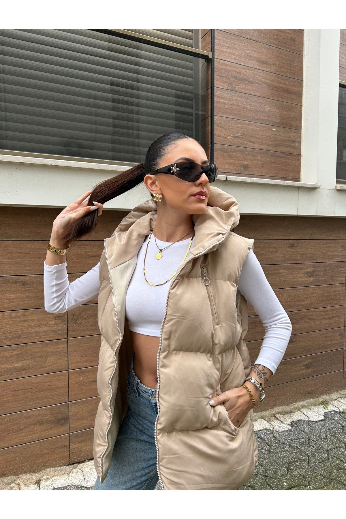 Kadın Krem Oversize Şişme Yelek
