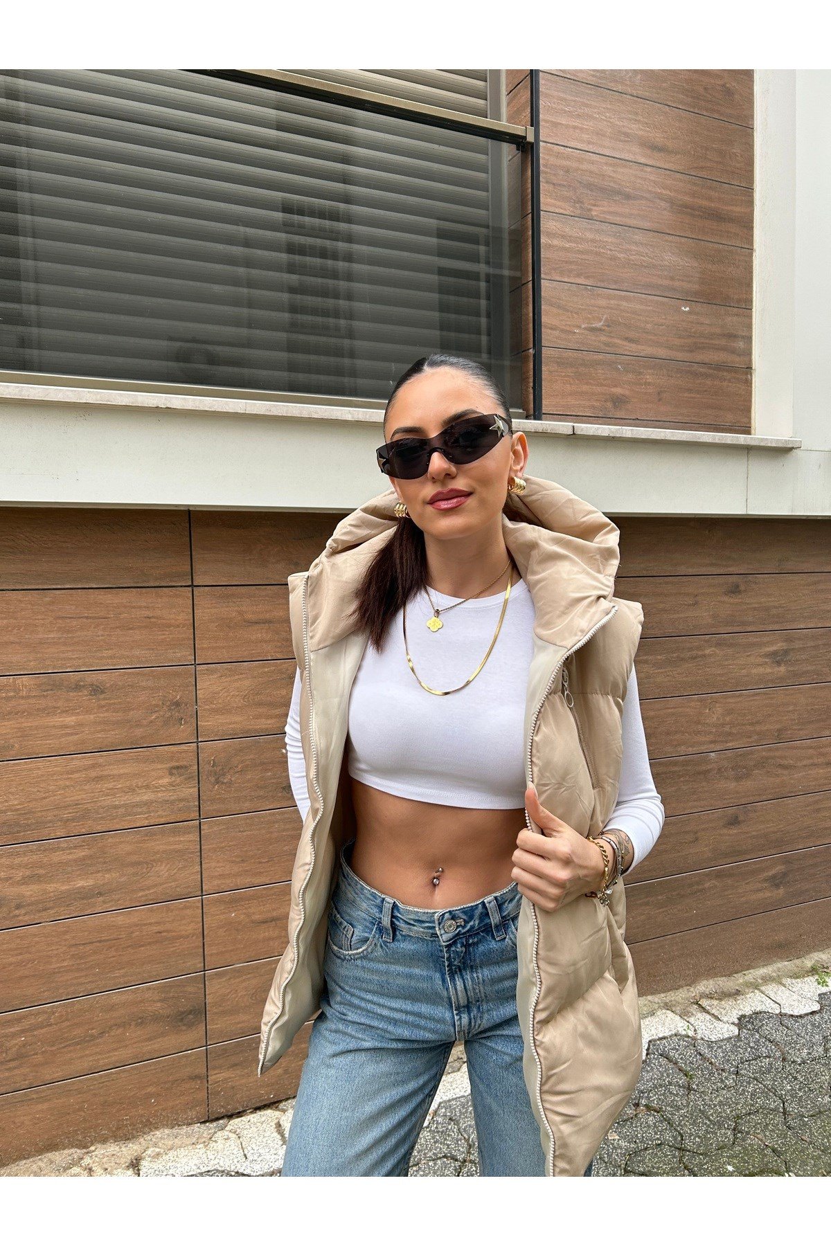 Kadın Krem Oversize Şişme Yelek