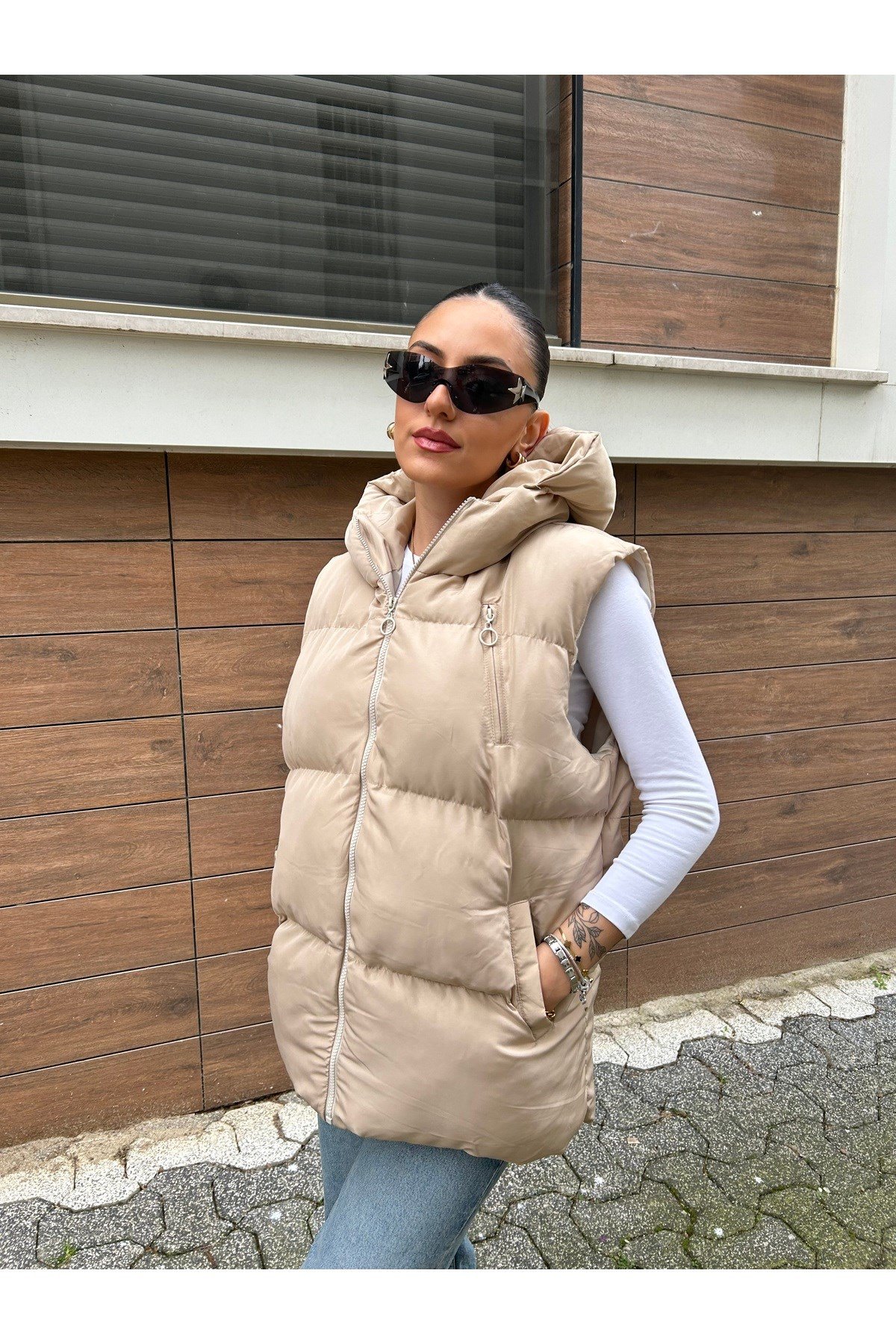 Kadın Krem Oversize Şişme Yelek