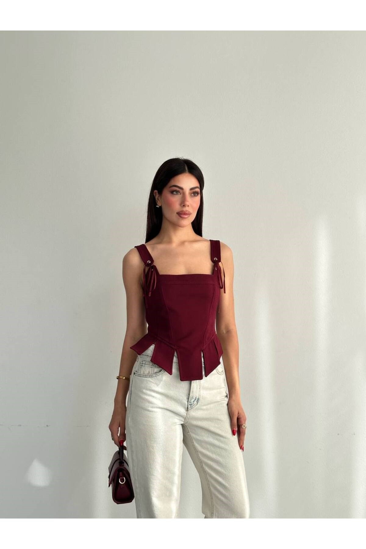 Kadın Kurdele Askılı Korsaj Tasarım Bordo Büstiyer