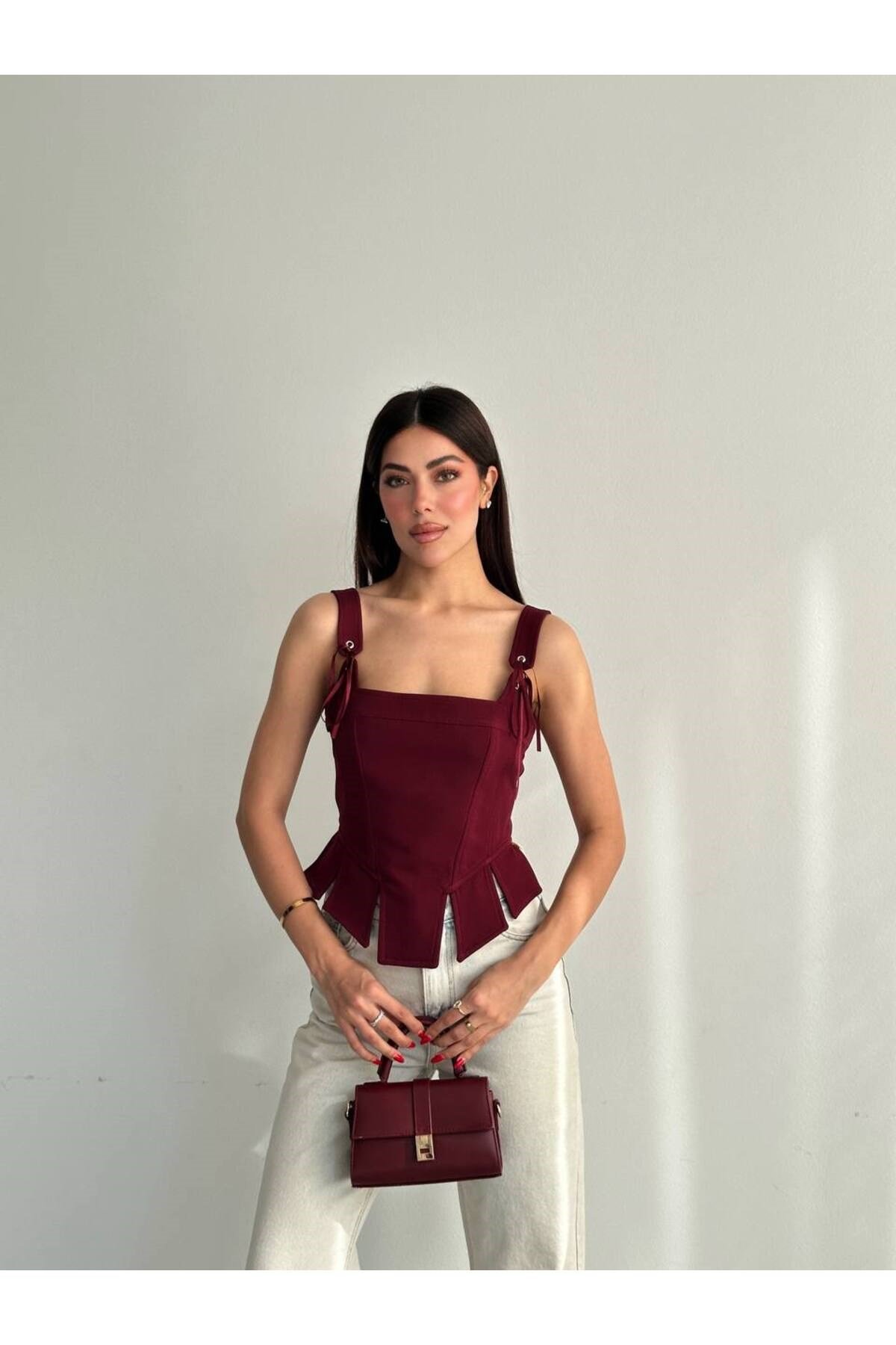 Kadın Kurdele Askılı Korsaj Tasarım Bordo Büstiyer