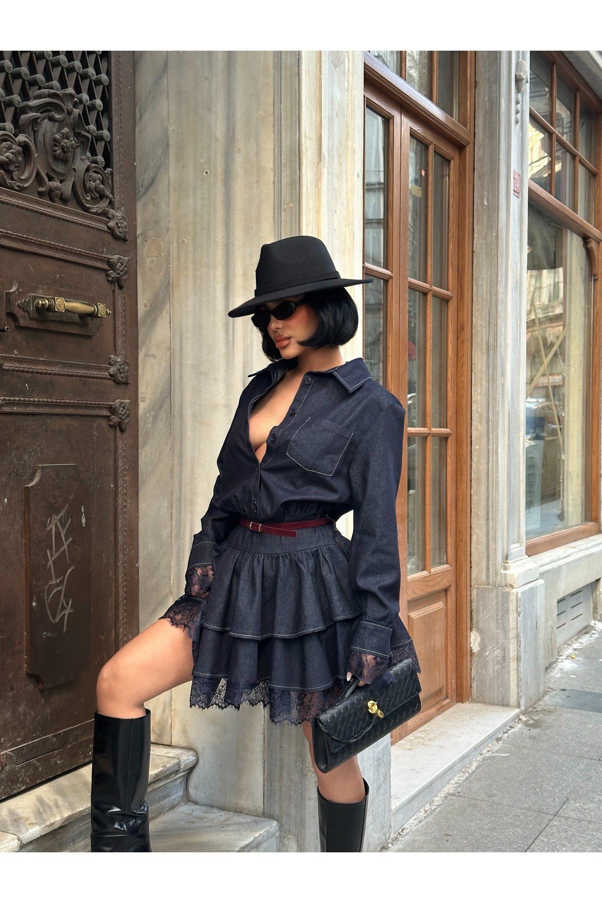 Kadın Lacivert Denim Fırfırlı Mini Elbise