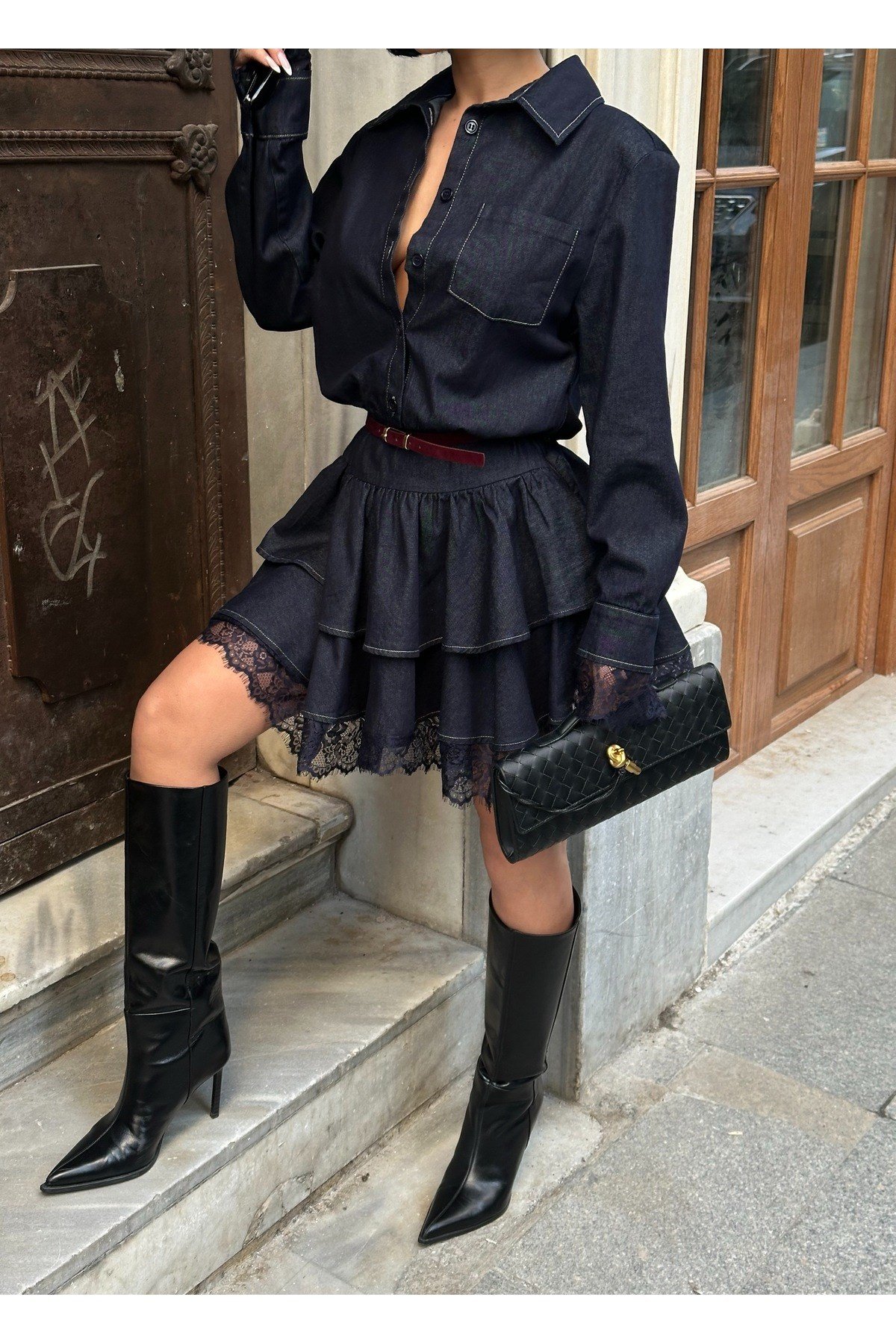 Kadın Lacivert Denim Fırfırlı Mini Elbise