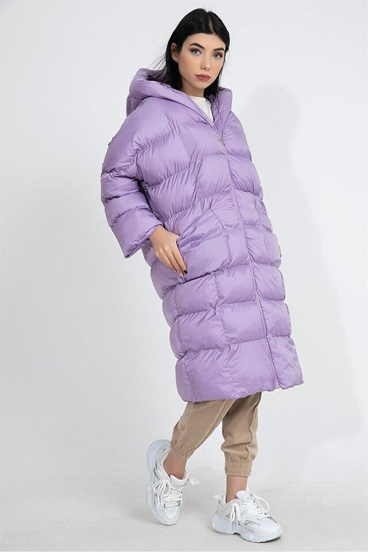 Kadın Lila Kapüşonlu Şişme Uzun Oversize Mont Tg3, one size