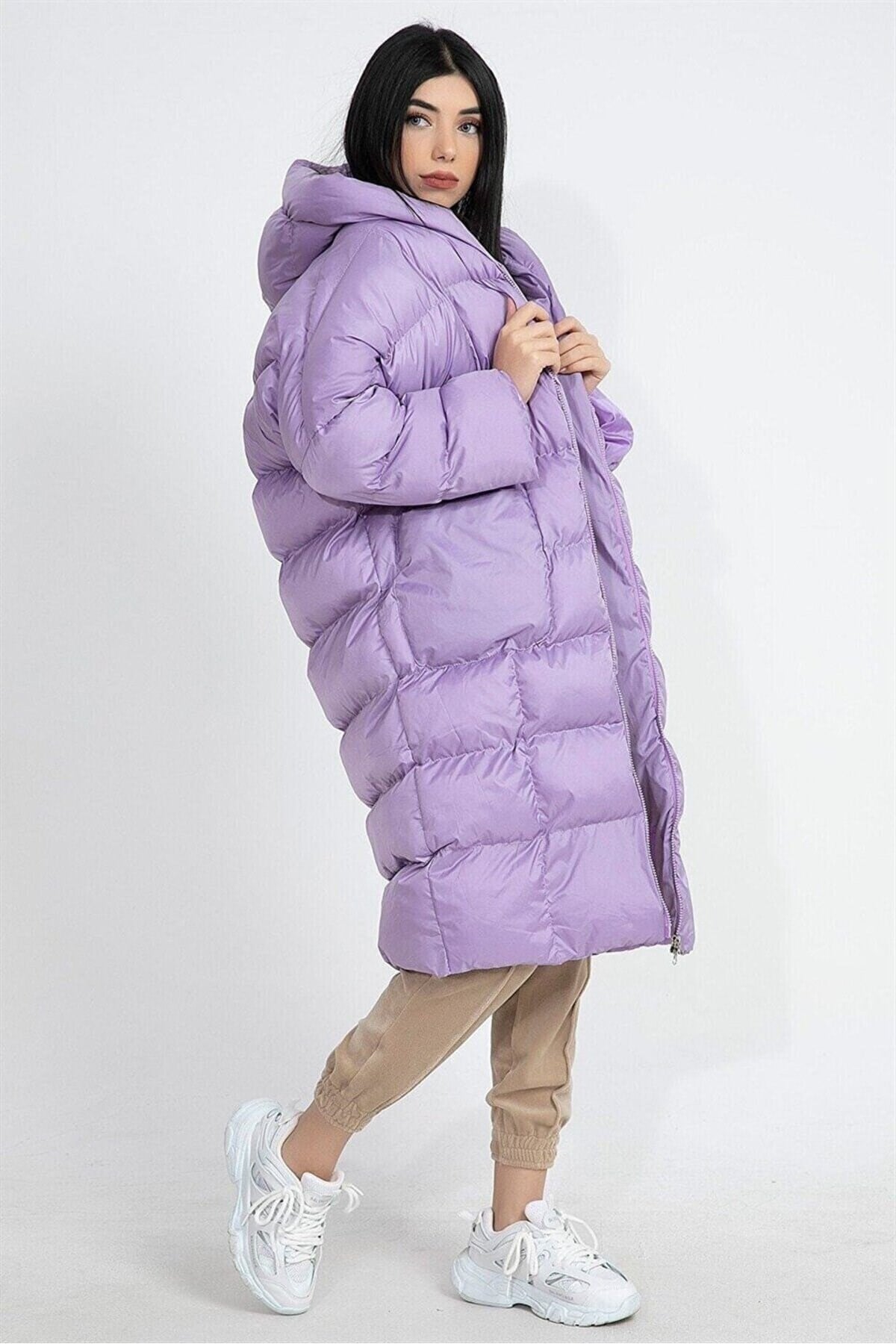 Kadın Lila Kapüşonlu Şişme Uzun Oversize Mont Tg3, one size