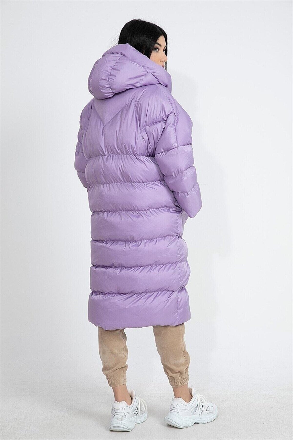 Kadın Lila Kapüşonlu Şişme Uzun Oversize Mont Tg3, one size