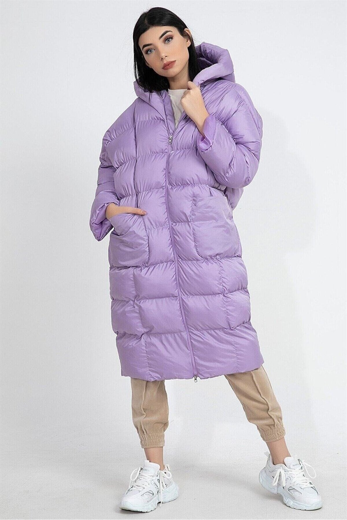 Kadın Lila Kapüşonlu Şişme Uzun Oversize Mont Tg3, one size