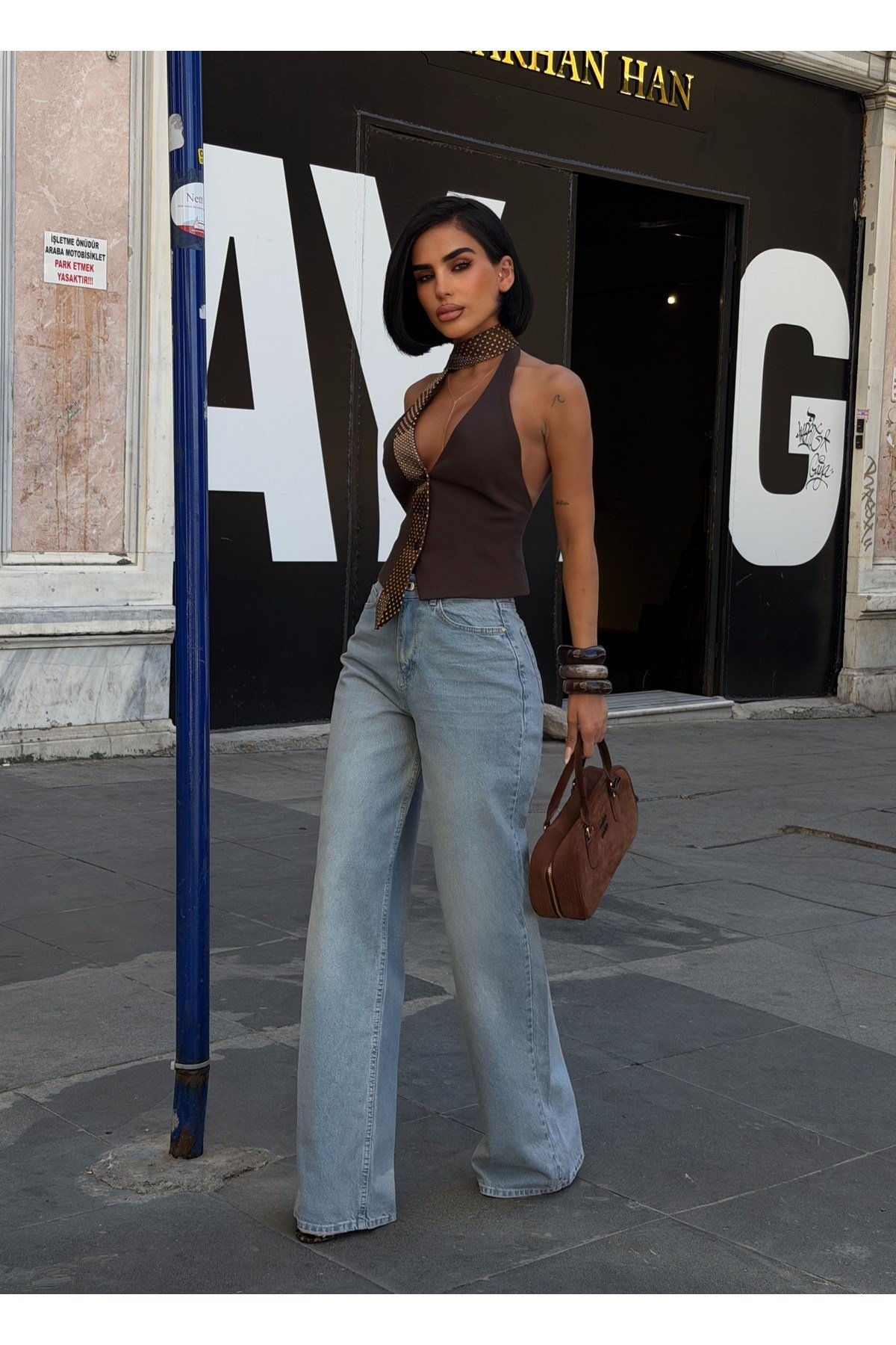Kadın Mavi Yüksek Bel Wide Leg Düz Kesim Jean Pantolon