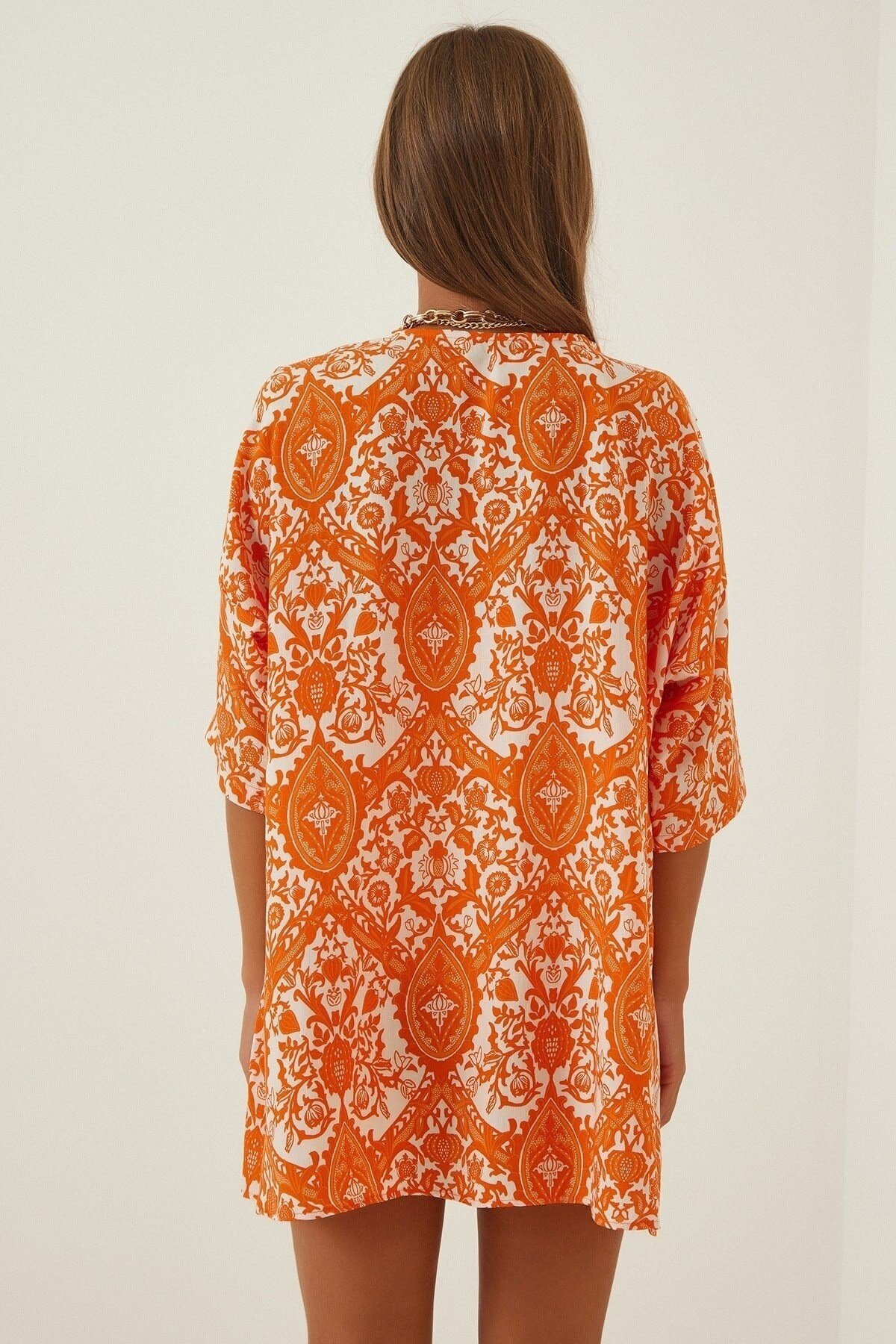 Kadın Oranj Desenli Viskon Kimono