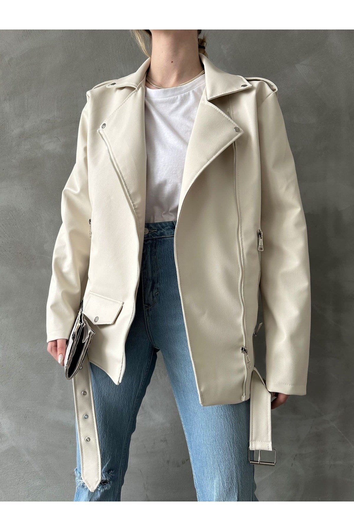 Kadın Oversize Biker Deri Ceket
