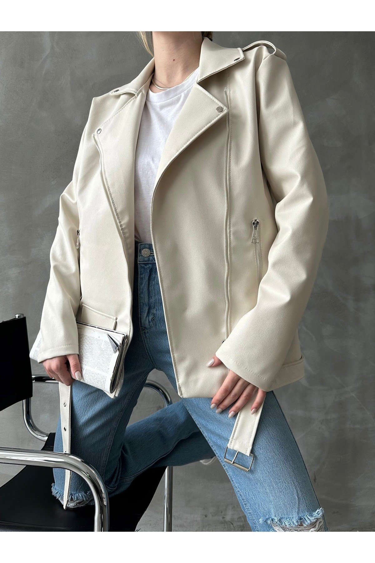 Kadın Oversize Biker Deri Ceket