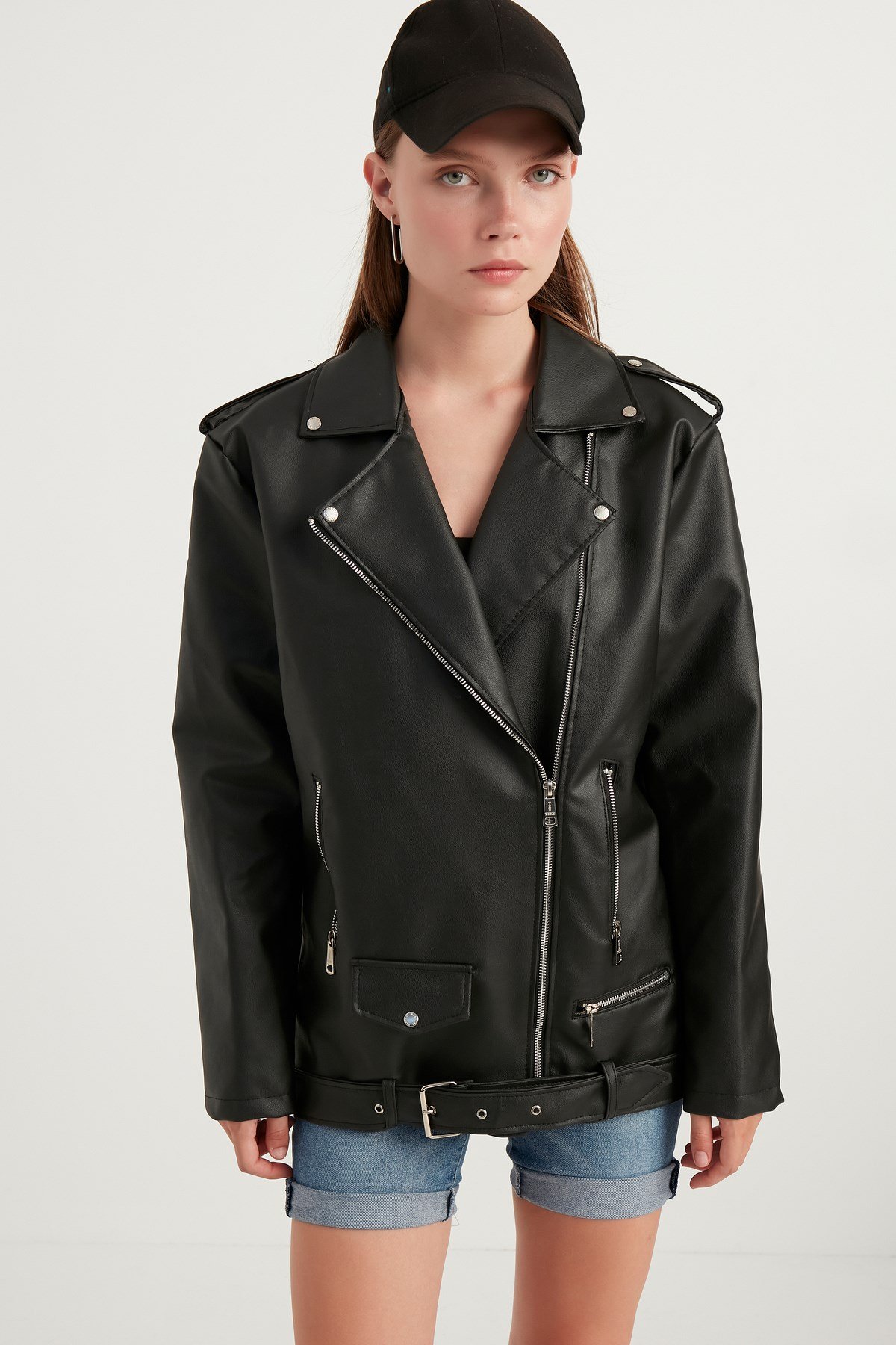 Kadın Oversize Biker Deri Ceket