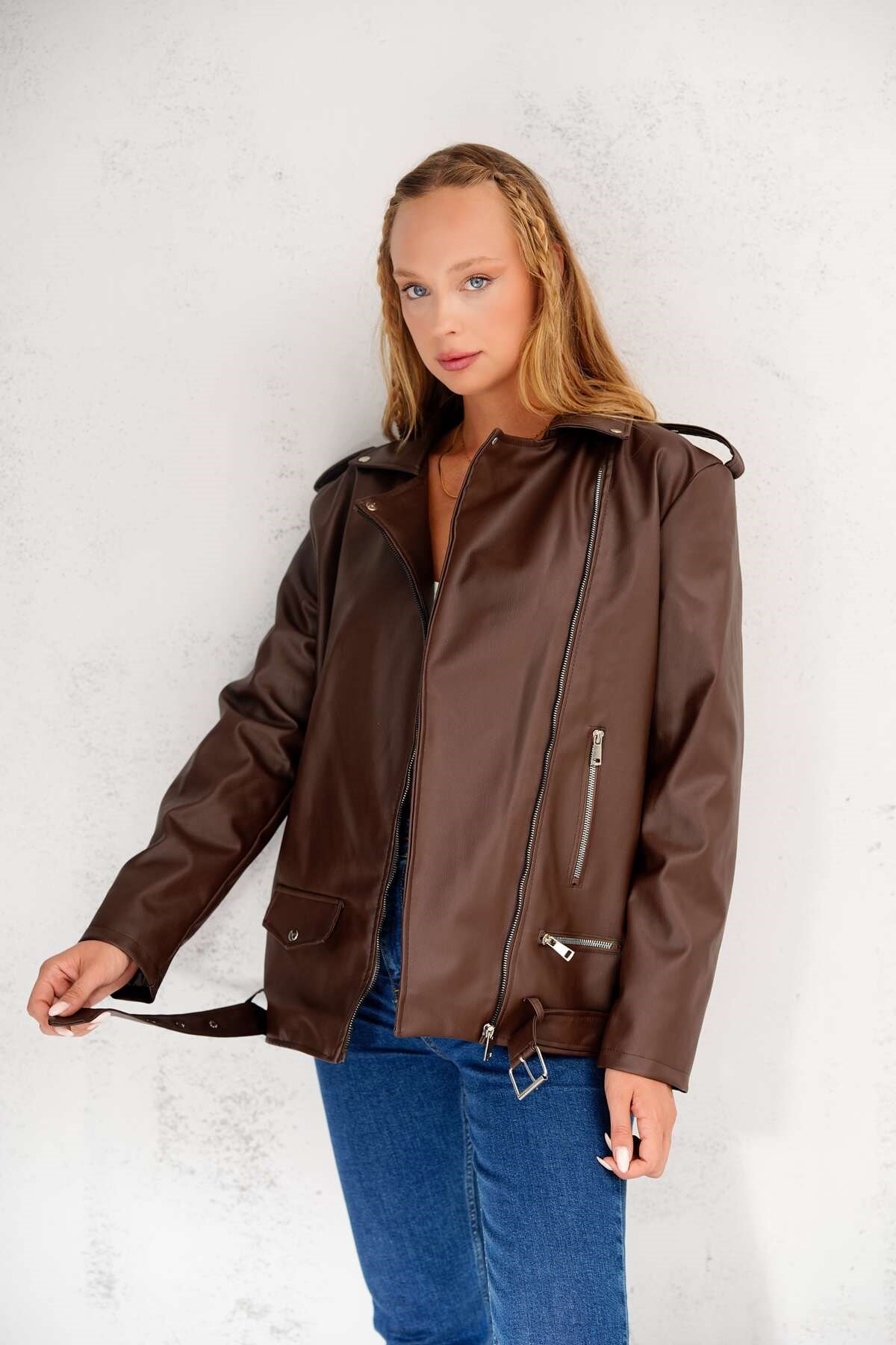 Kadın Oversize Biker Deri Ceket