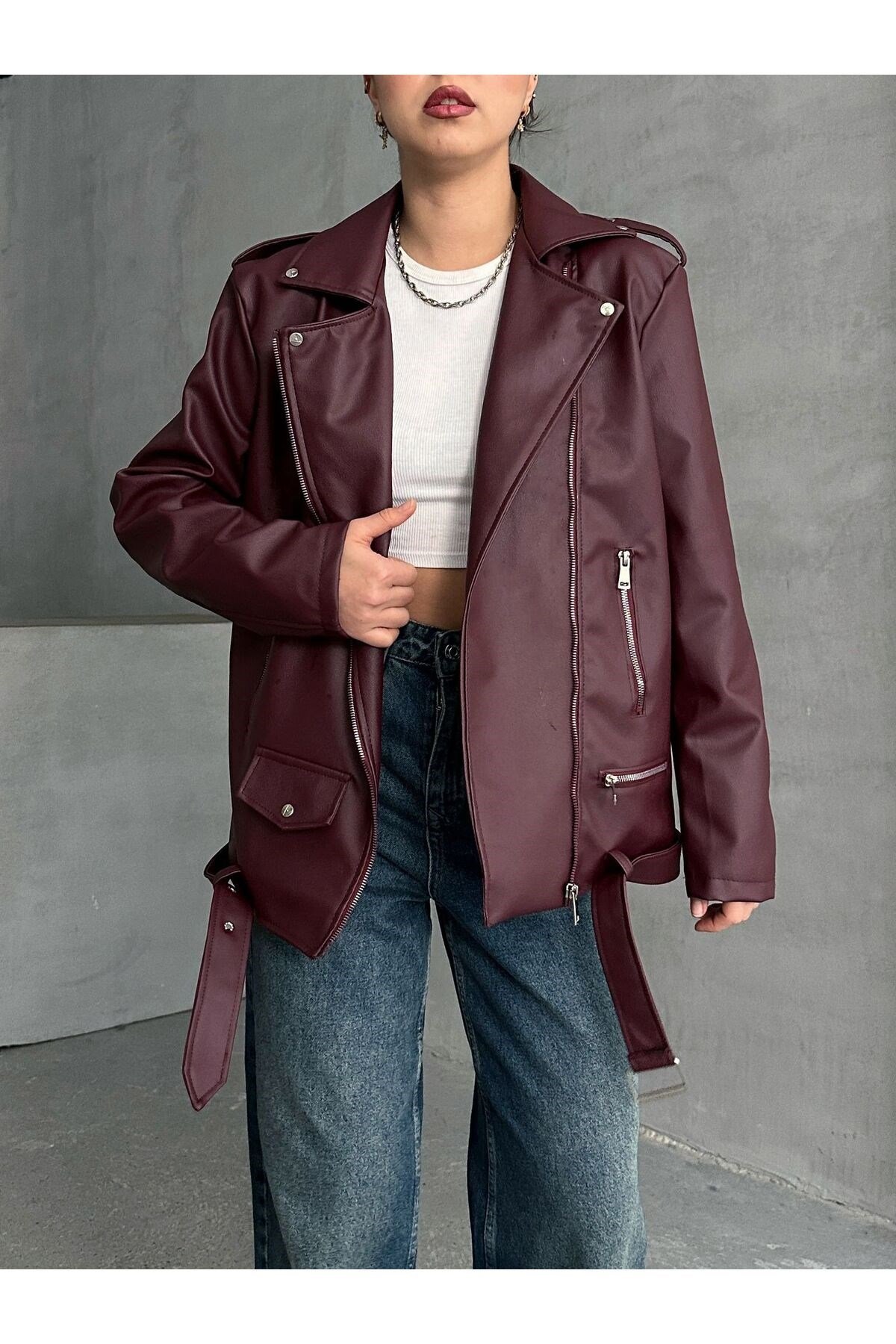 Kadın Oversize Biker Deri Ceket