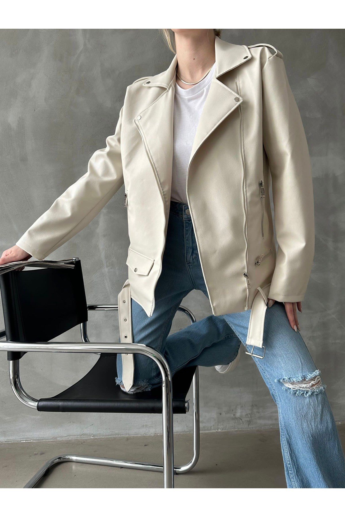 Kadın Oversize Biker Deri Ceket