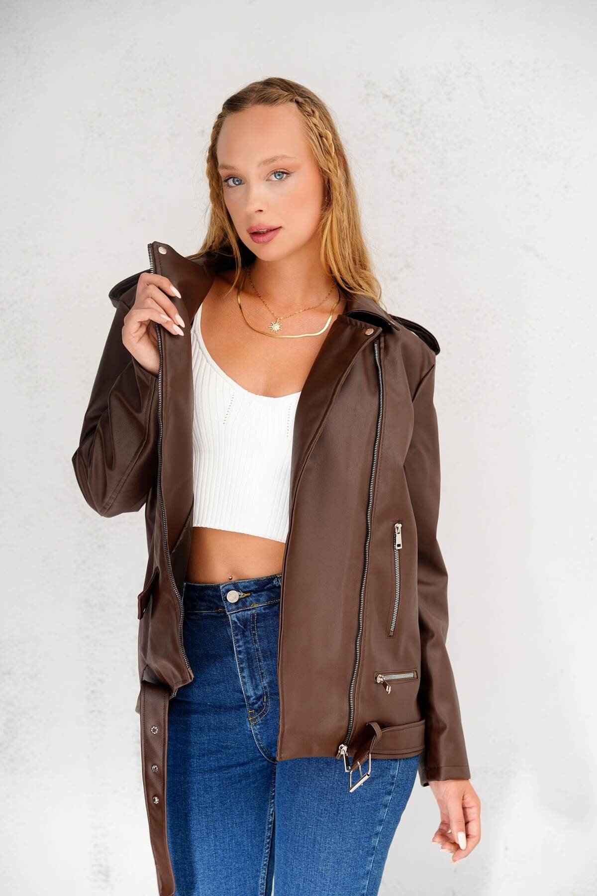 Kadın Oversize Biker Deri Ceket