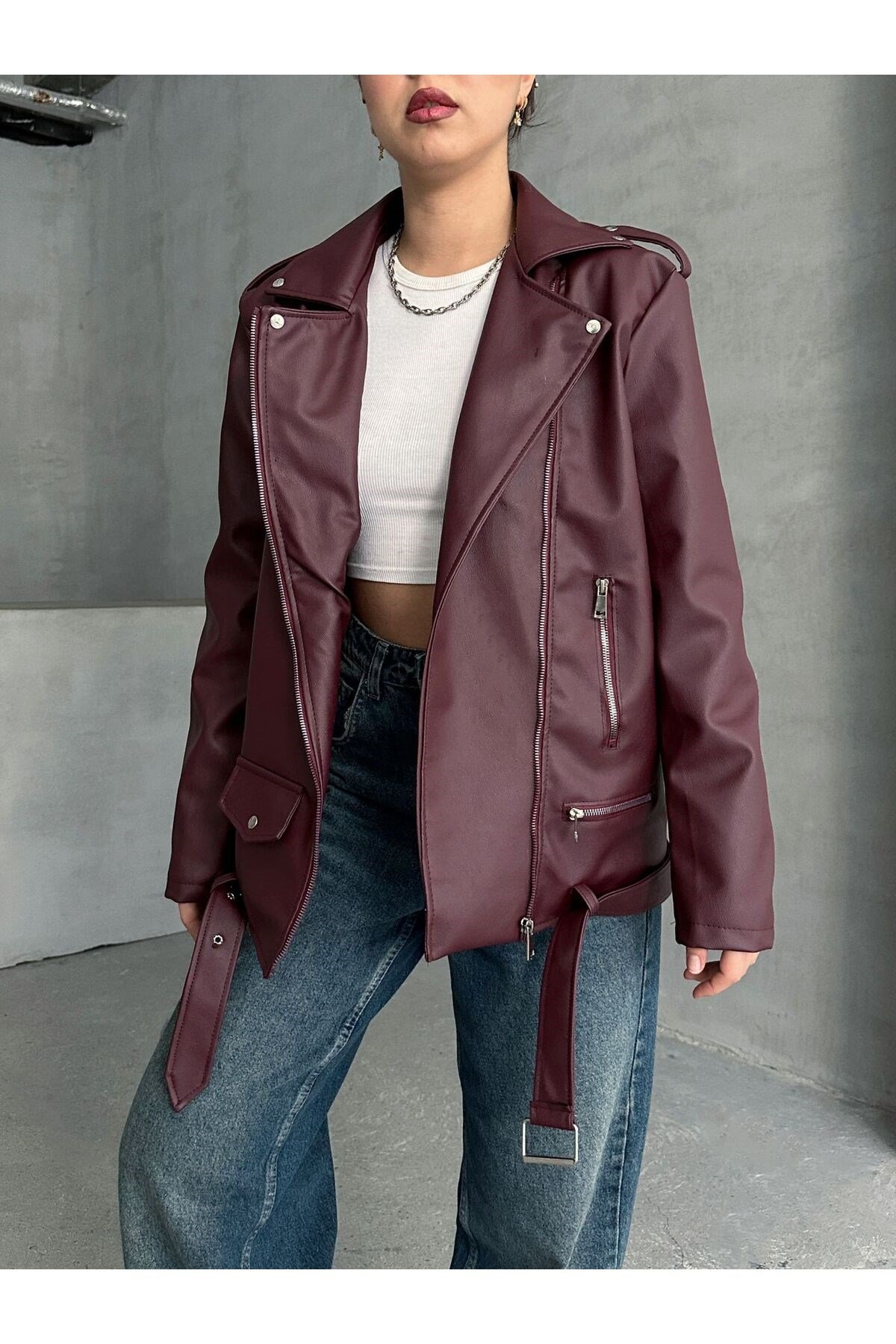 Kadın Oversize Biker Deri Ceket