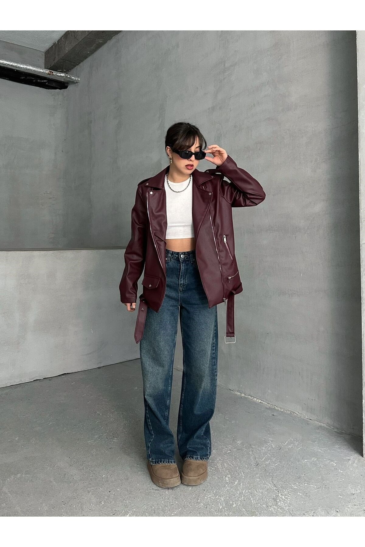 Kadın Oversize Biker Deri Ceket