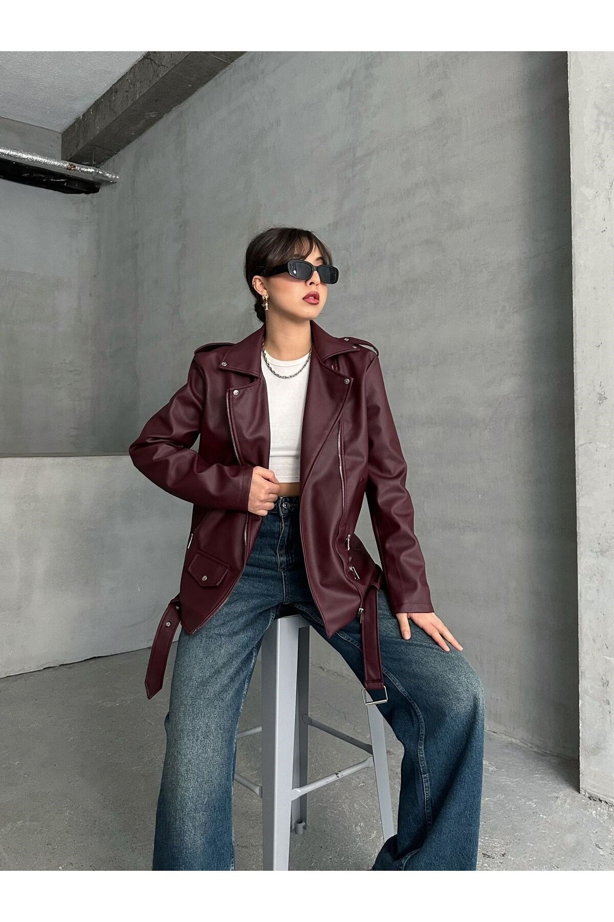 Kadın Oversize Biker Deri Ceket