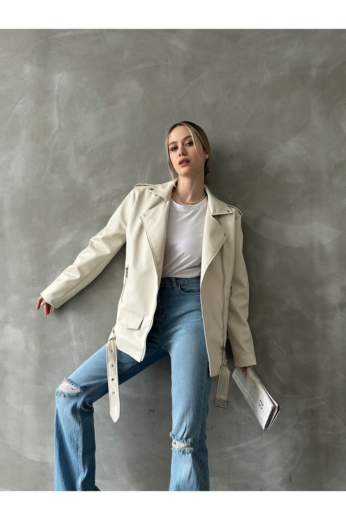 Kadın Oversize Biker Deri Ceket