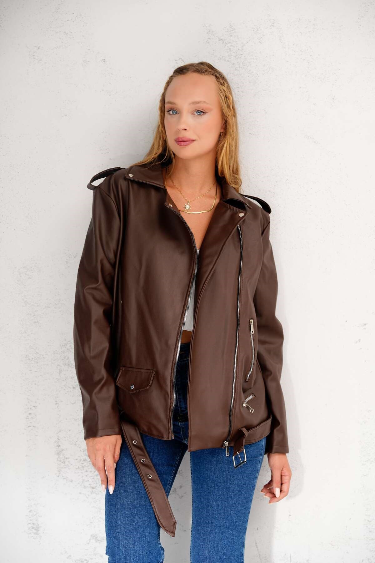 Kadın Oversize Biker Deri Ceket