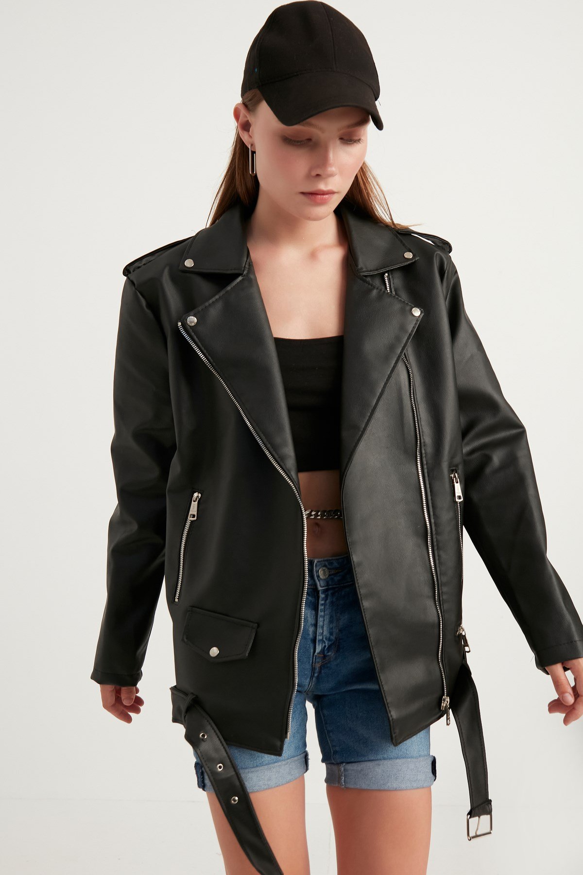 Kadın Oversize Biker Deri Ceket
