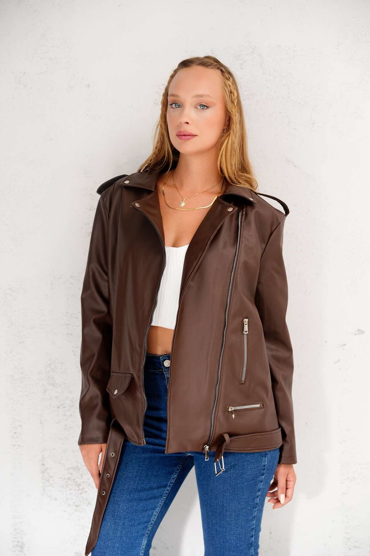Kadın Oversize Biker Deri Ceket