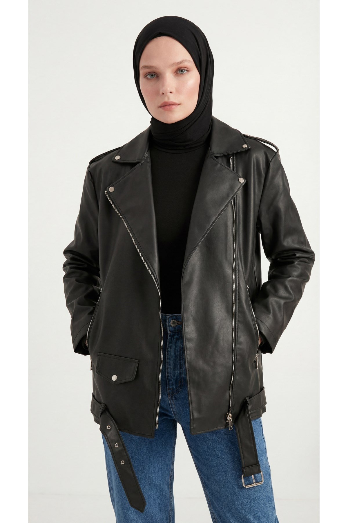 Kadın Oversize Biker Tesettür Deri Ceket
