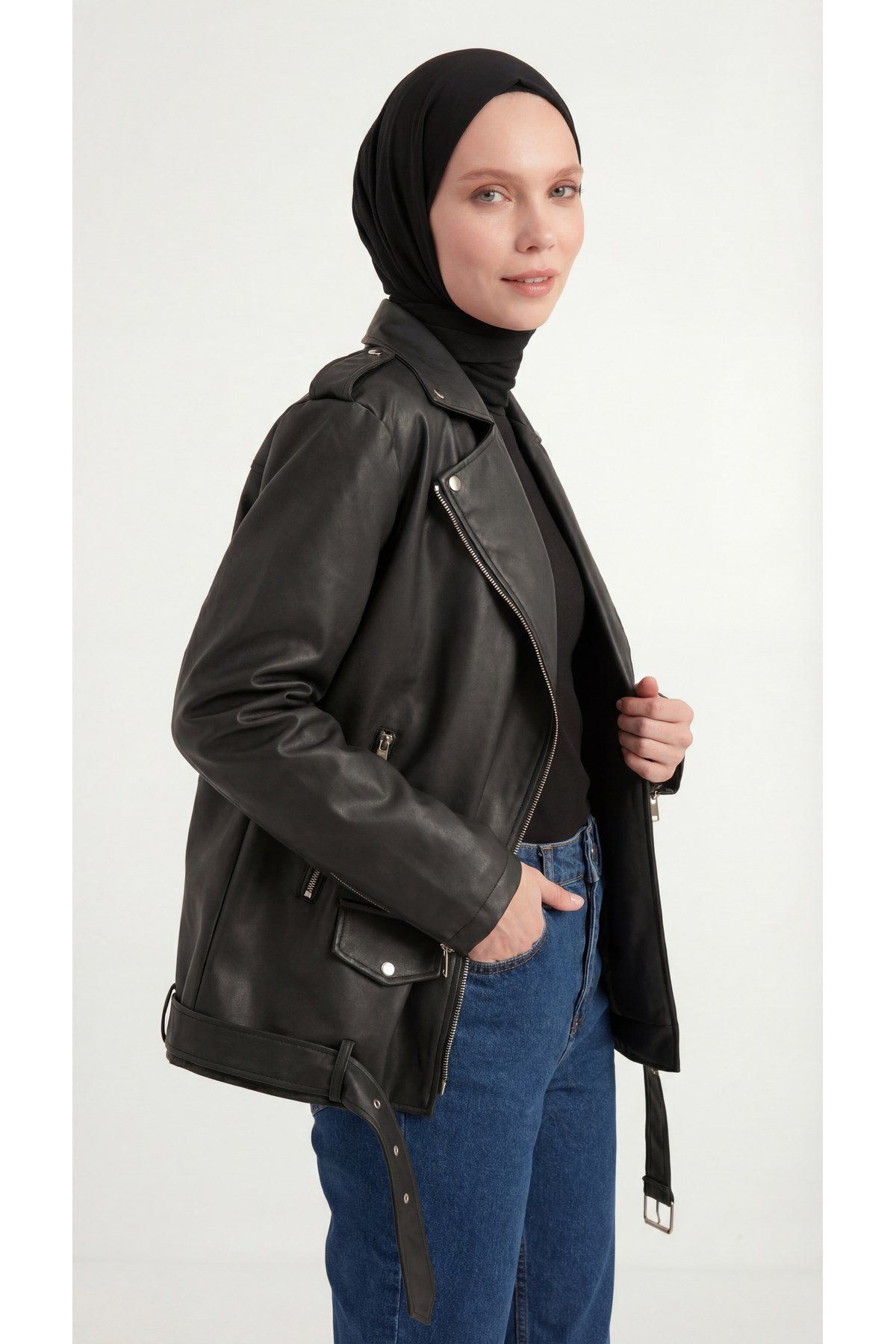 Kadın Oversize Biker Tesettür Deri Ceket