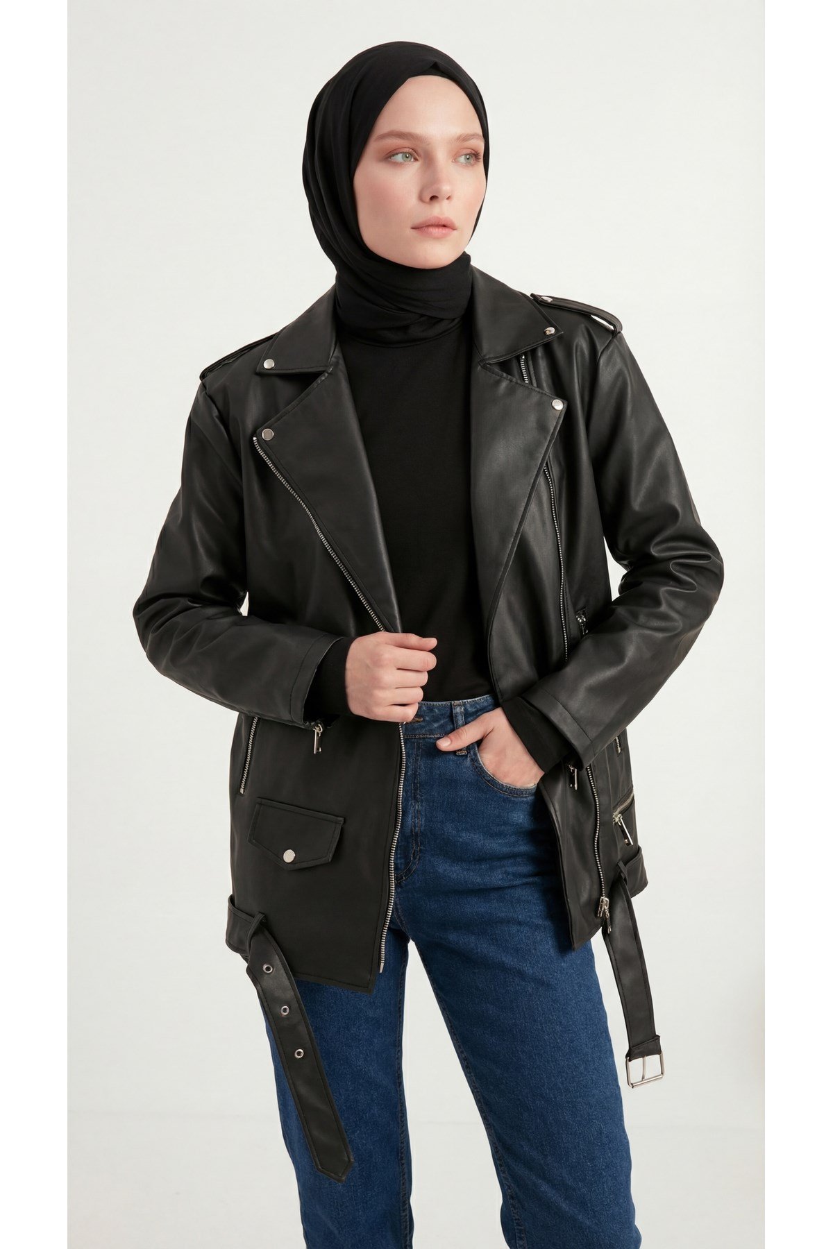 Kadın Oversize Biker Tesettür Deri Ceket