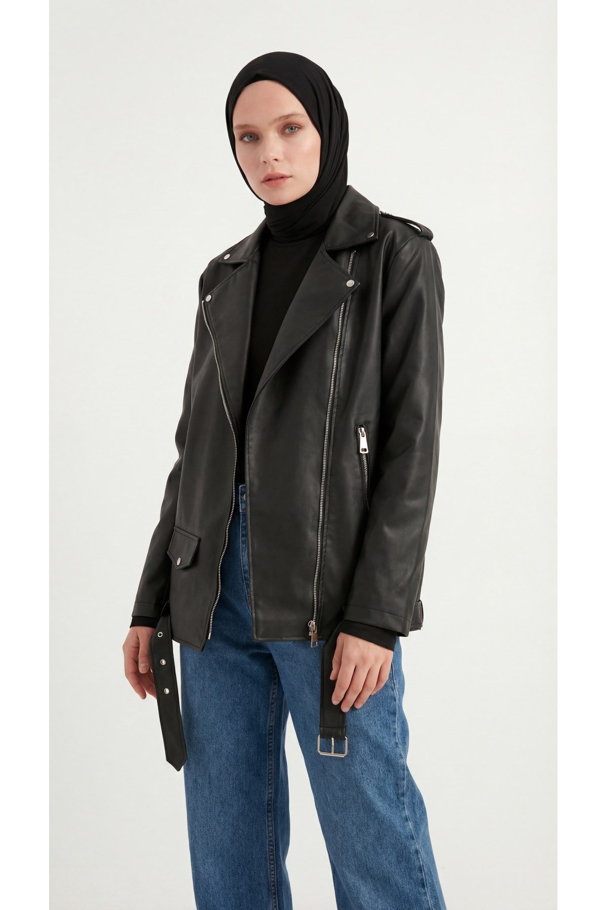 Kadın Oversize Biker Tesettür Deri Ceket