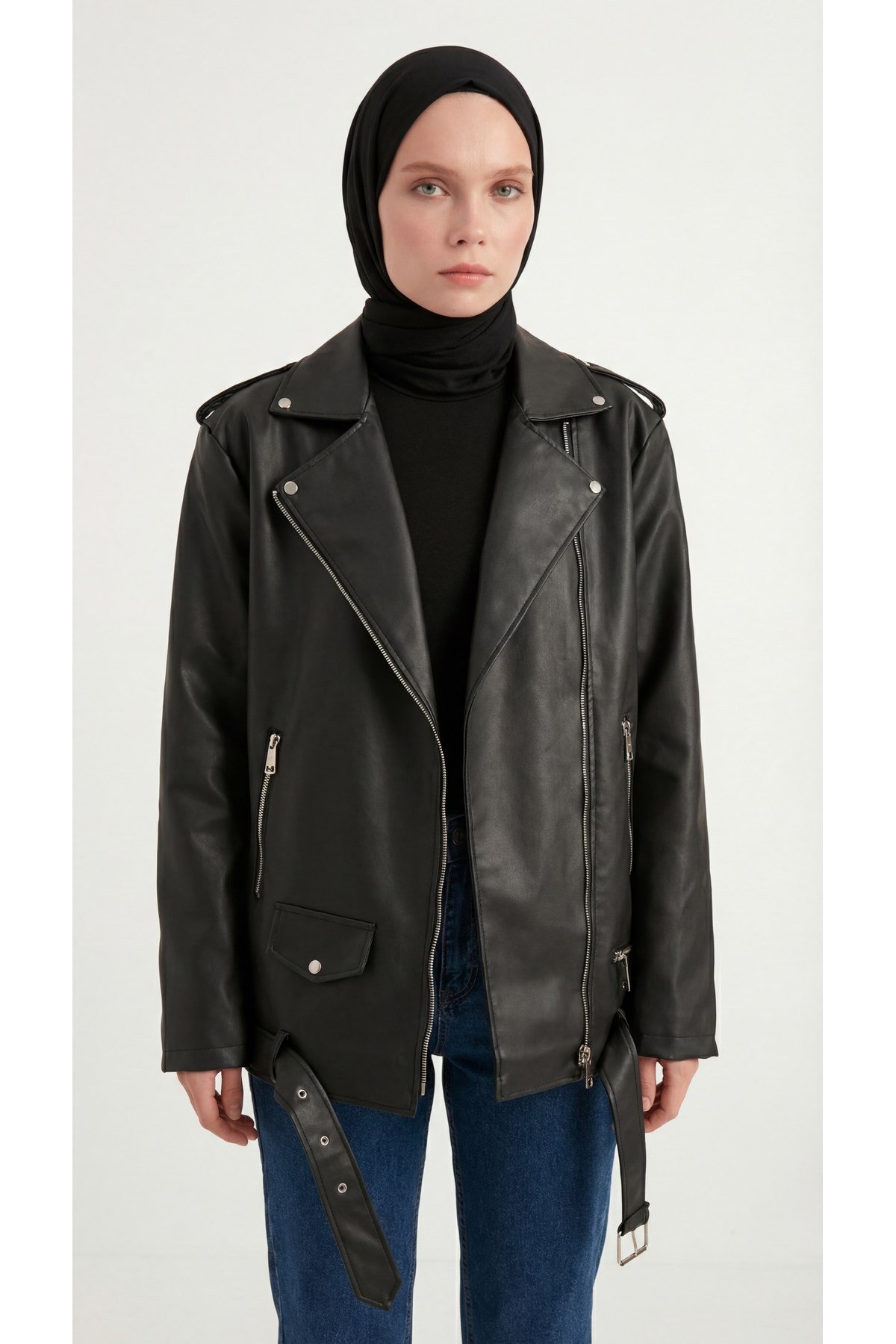 Kadın Oversize Biker Tesettür Deri Ceket