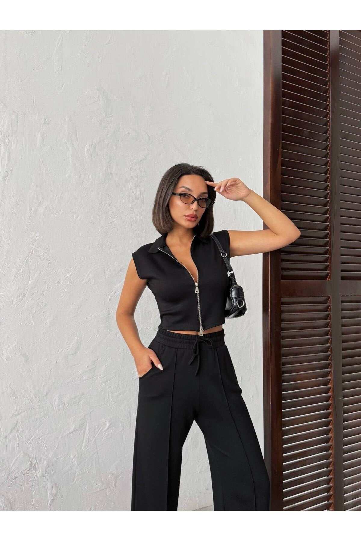 Kadın Polo Yaka Fermuarlı Crop Yelek ve Geniş Paça Çimalı Pantolon İkili Takım
