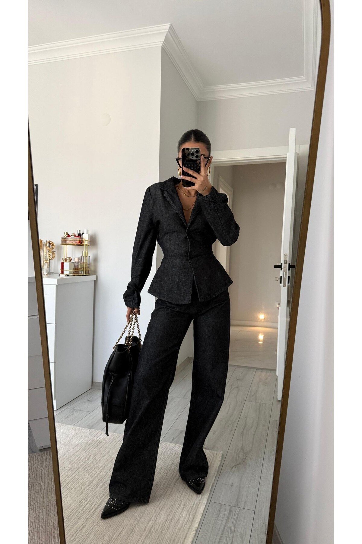 Kadın Premium Kalite Bağlama Detaylı Denim Kot Takım