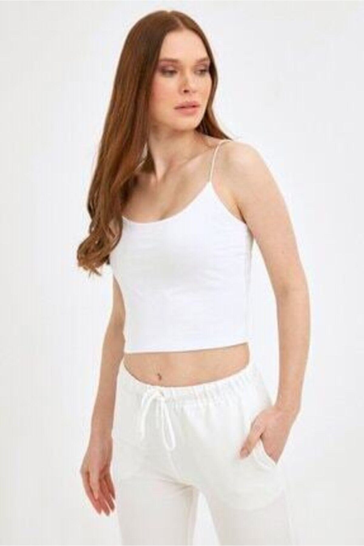 Kadın Siyah Beyaz Basic Ip Askılı Crop Top 2'li Set