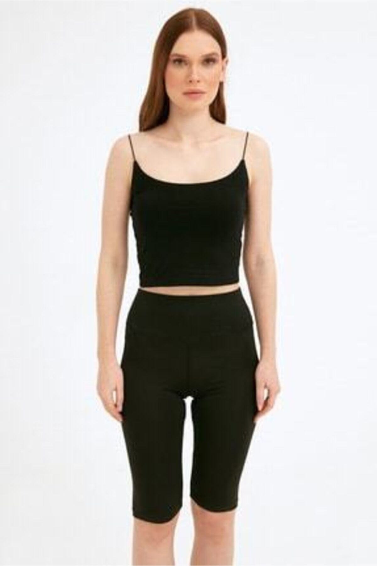 Kadın Siyah Beyaz Basic Ip Askılı Crop Top 2'li Set
