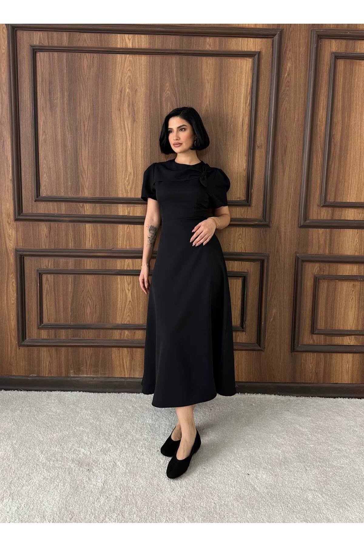 Kadın Siyah Şık Nikah Ve Davet Elbisesi Midi Boy