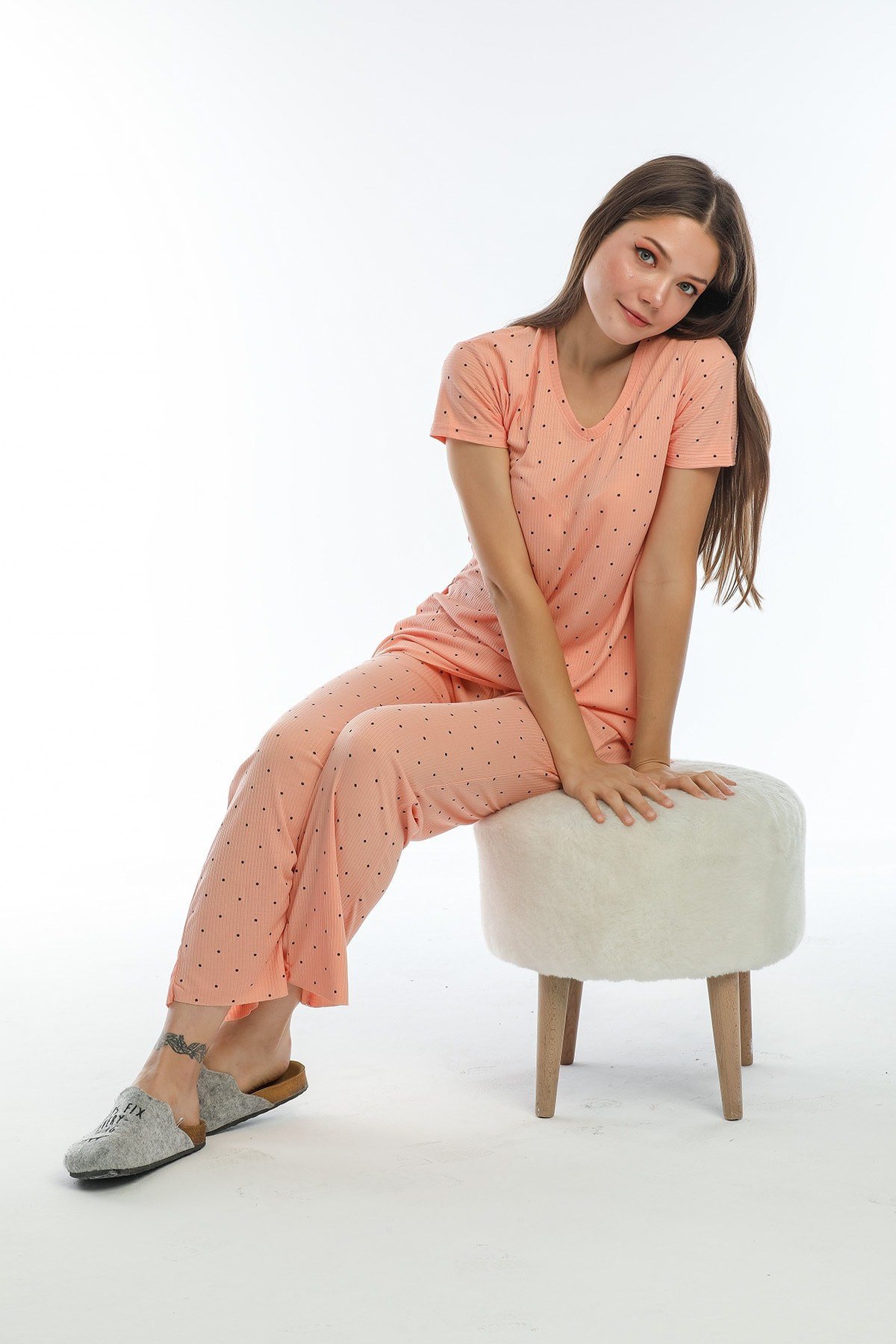 Kadın Somon Puantiyeli Pijama Takımı