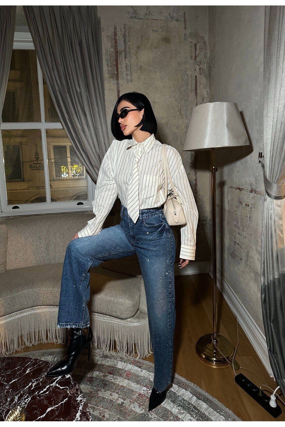 Kadın Taşlı Jeans Kot Pantolon