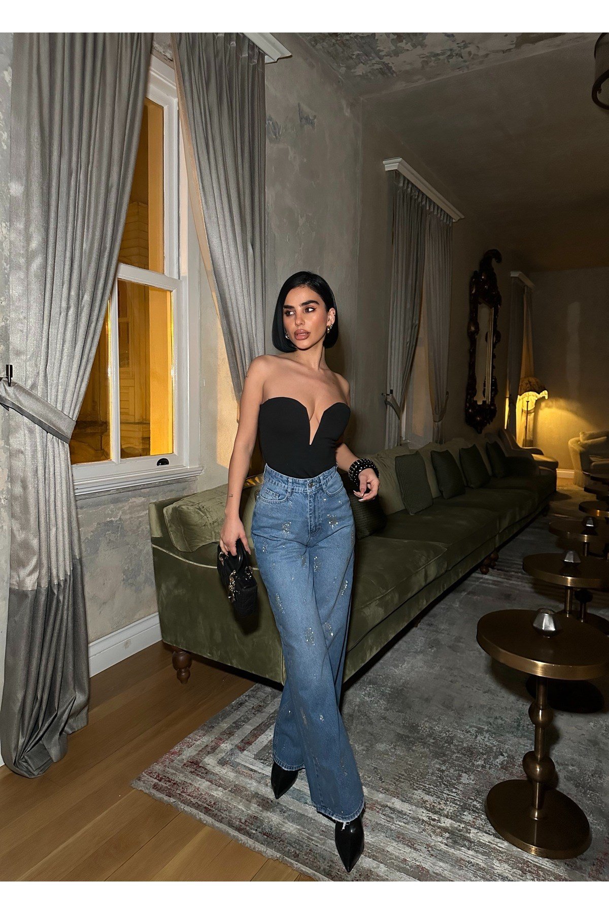 Kadın Taşlı Jeans Kot Pantolon