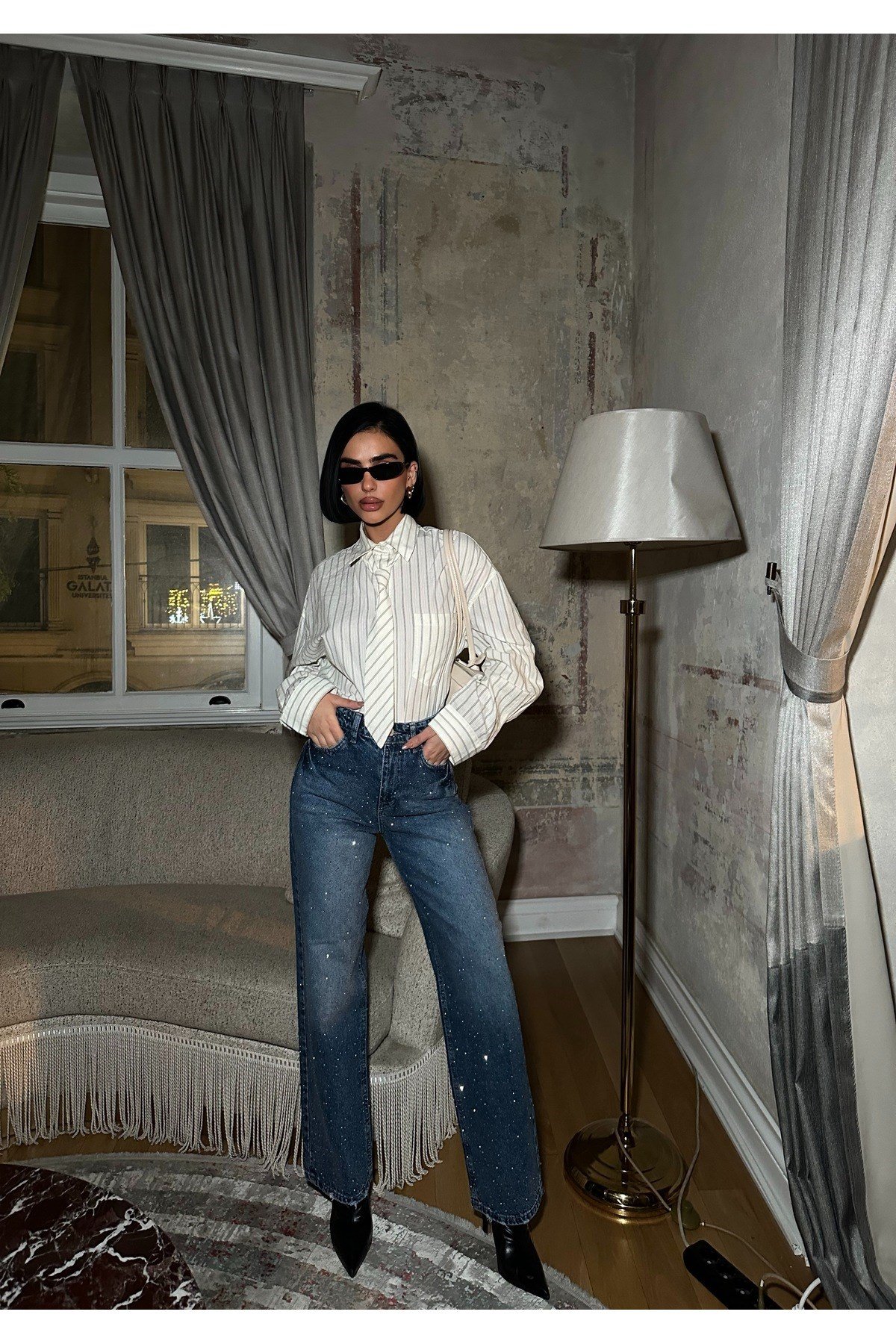 Kadın Taşlı Jeans Kot Pantolon