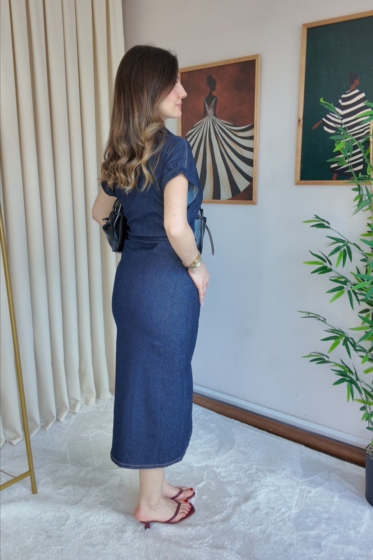 Kadın Tencel Büzgü Detay Kot Elbise