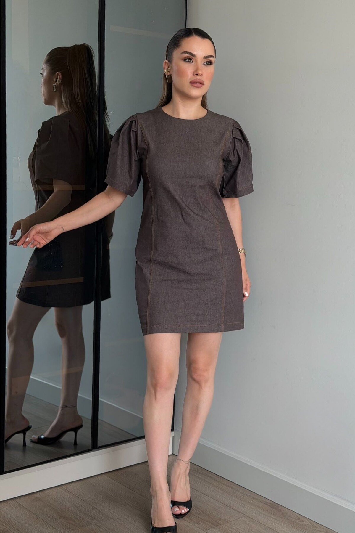 Kadın Tencel Karpuz Kol Mini Kot Elbise