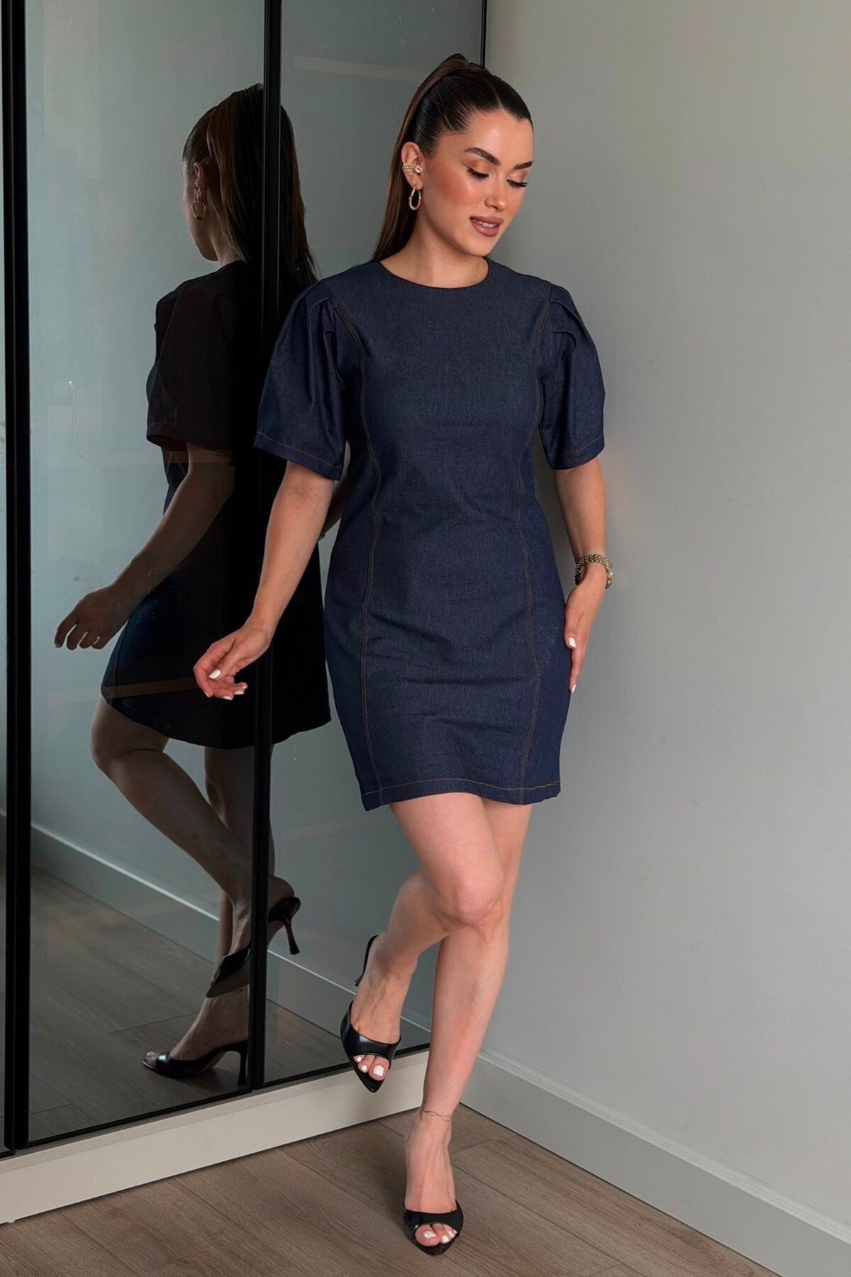 Kadın Tencel Karpuz Kol Mini Kot Elbise