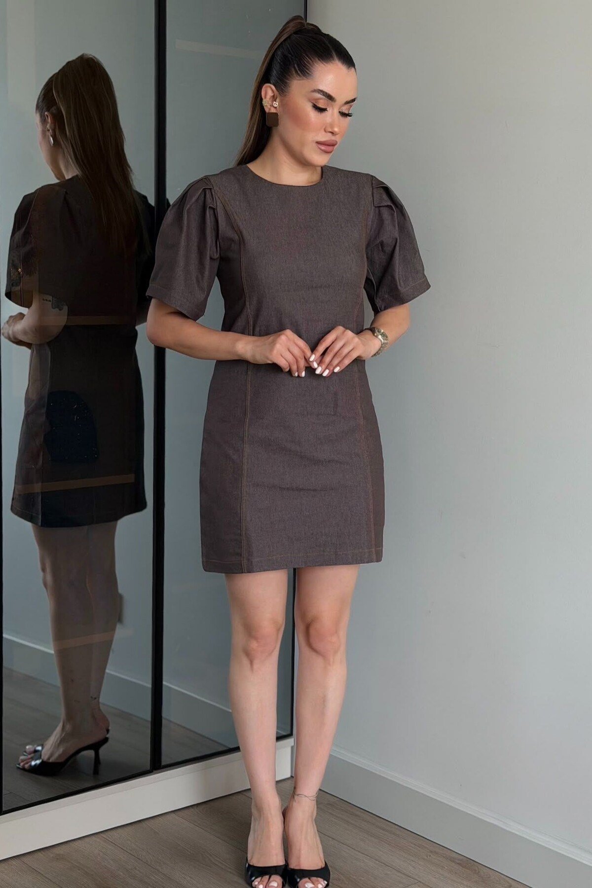 Kadın Tencel Karpuz Kol Mini Kot Elbise