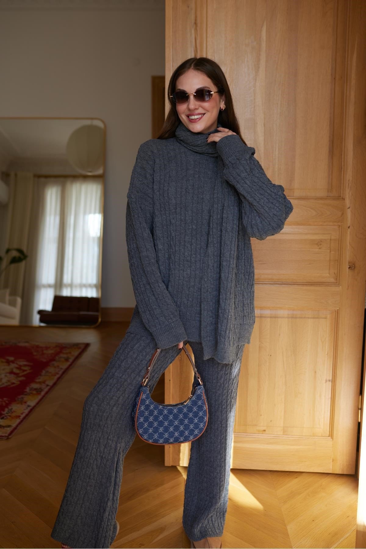 Kadın Triko Pantolon Takım Oversize Saç Örgülü